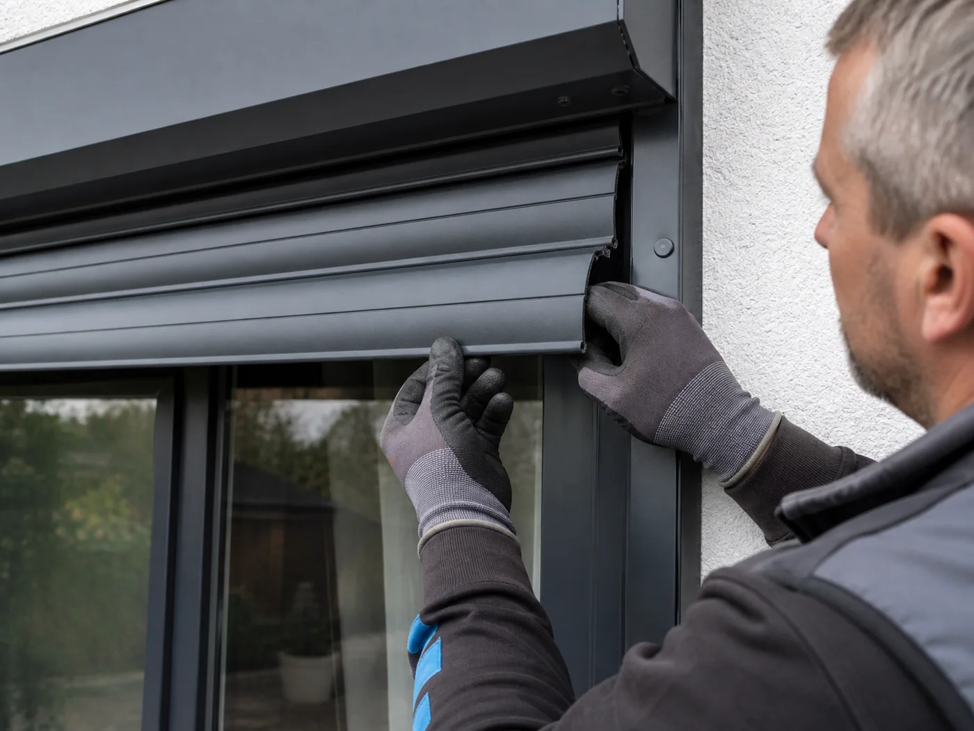 Handwerker repariert verkantete Rollladenlamellen an der Führung